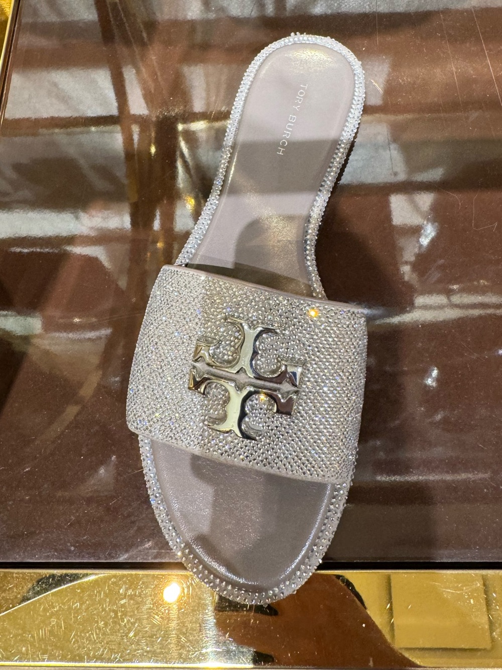 Tory Burch Everly Crystal T-Logo Flat Leather Sandal Slide Shoes